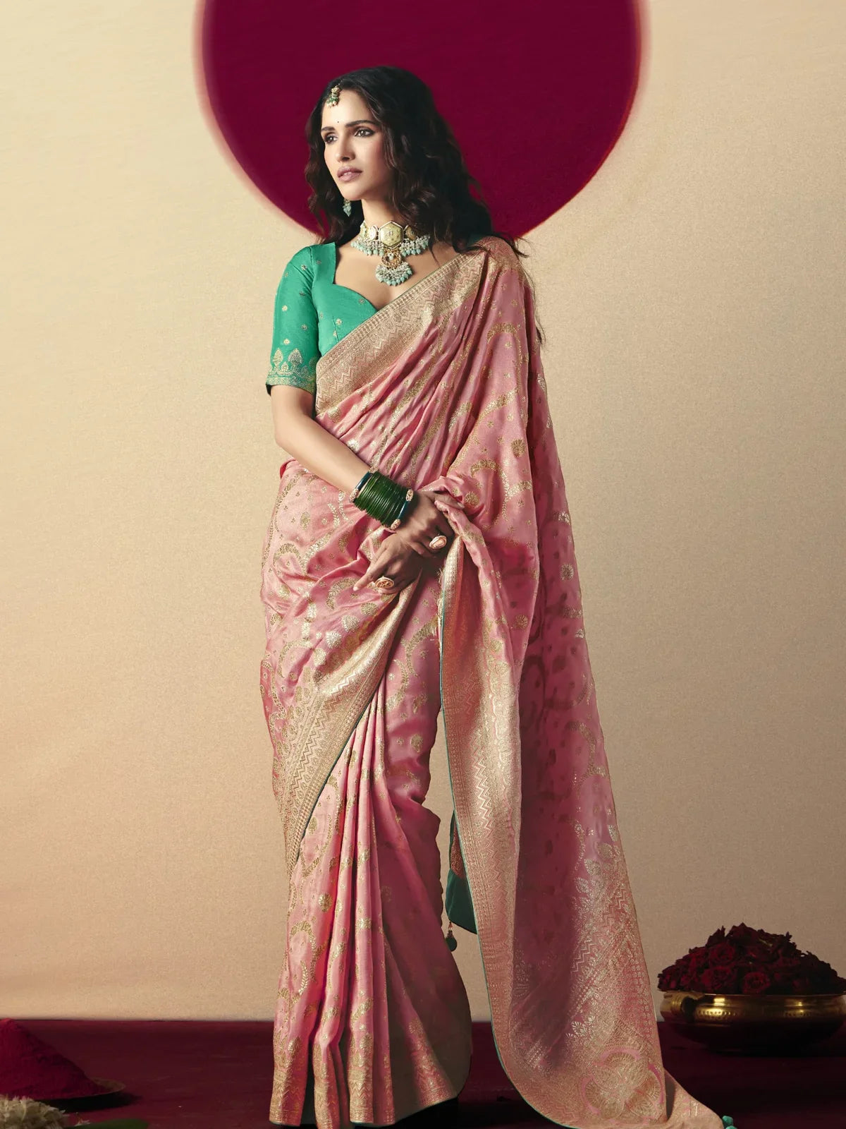 Tarani pink viscose saree with golden weaving full view for festive and party wear