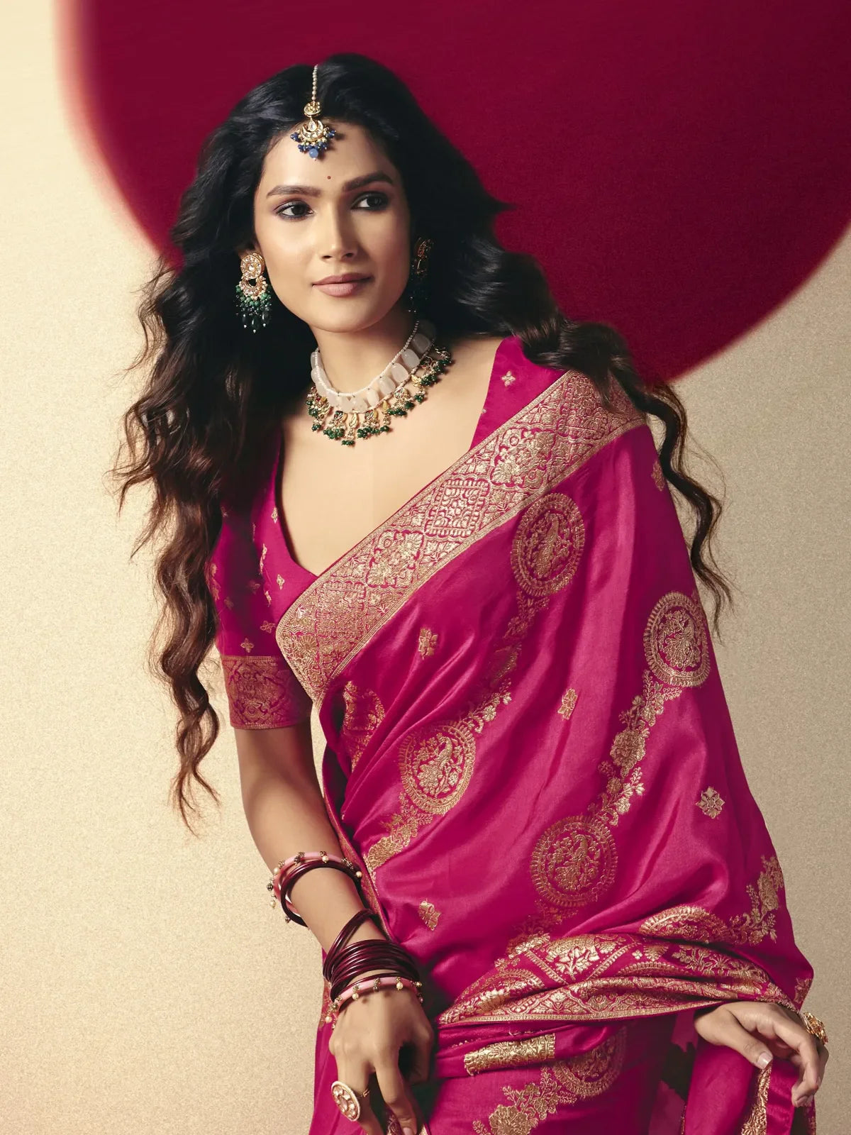 Tarani pink bemberg viscose saree upper body view with elegant blouse and tassel detail
