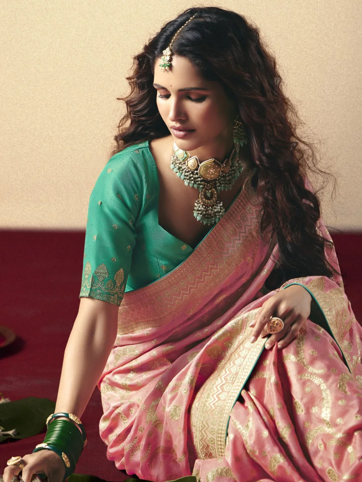 Tarani pink viscose saree upper body view with contrast blouse
