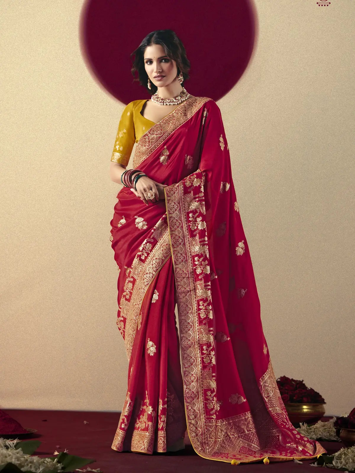 Tarani red bemberg viscose saree with golden zari weaving and contrast blouse full view