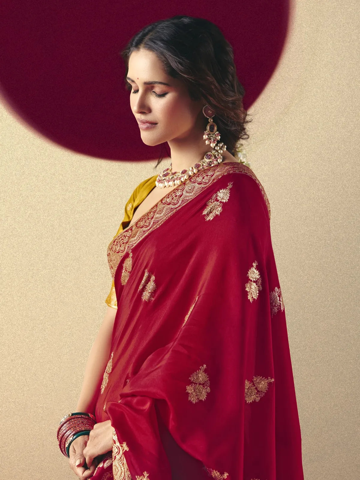 Tarani red bemberg viscose saree side view showcasing elegant drape