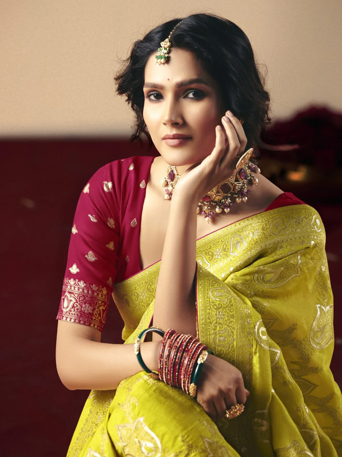 Tarani premium yellow viscose saree front view with traditional styling