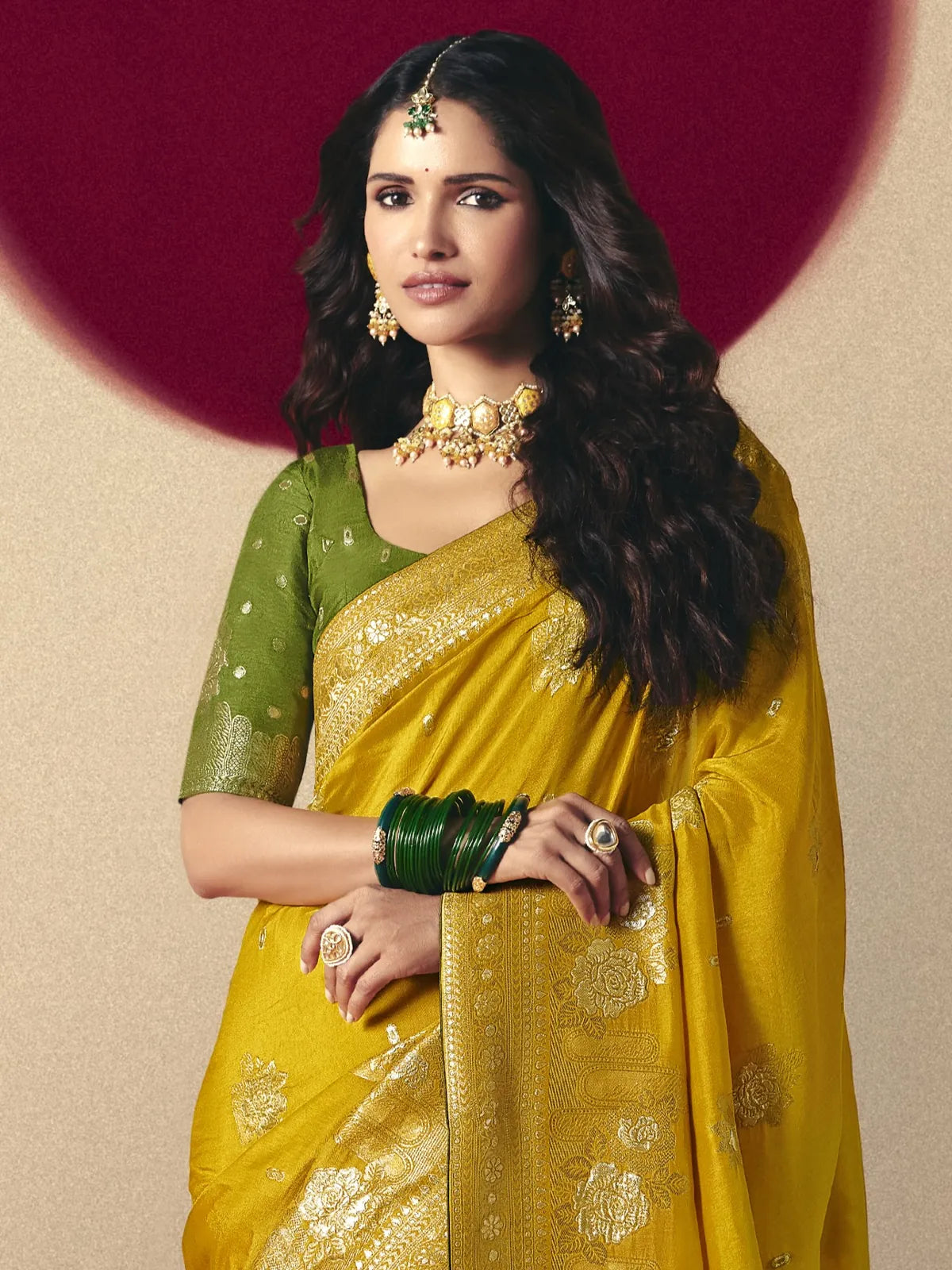 Tarani front view yellow bemberg viscose saree with zari weaving and festive look