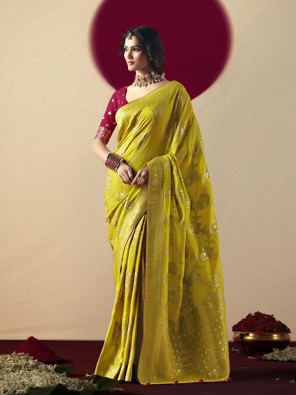 Tarani yellow bemberg viscose saree with intricate weaving work full view