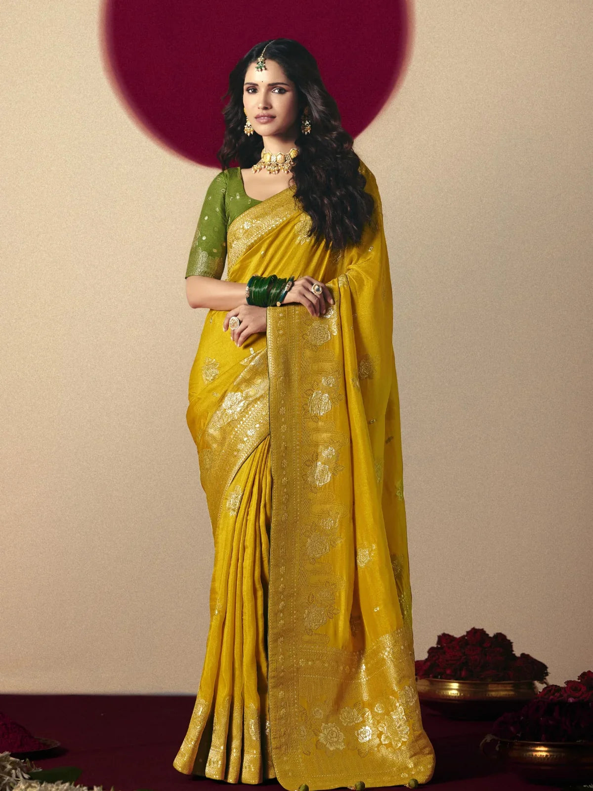 Tarani premium yellow bemberg viscose saree full view with green blouse and tassels