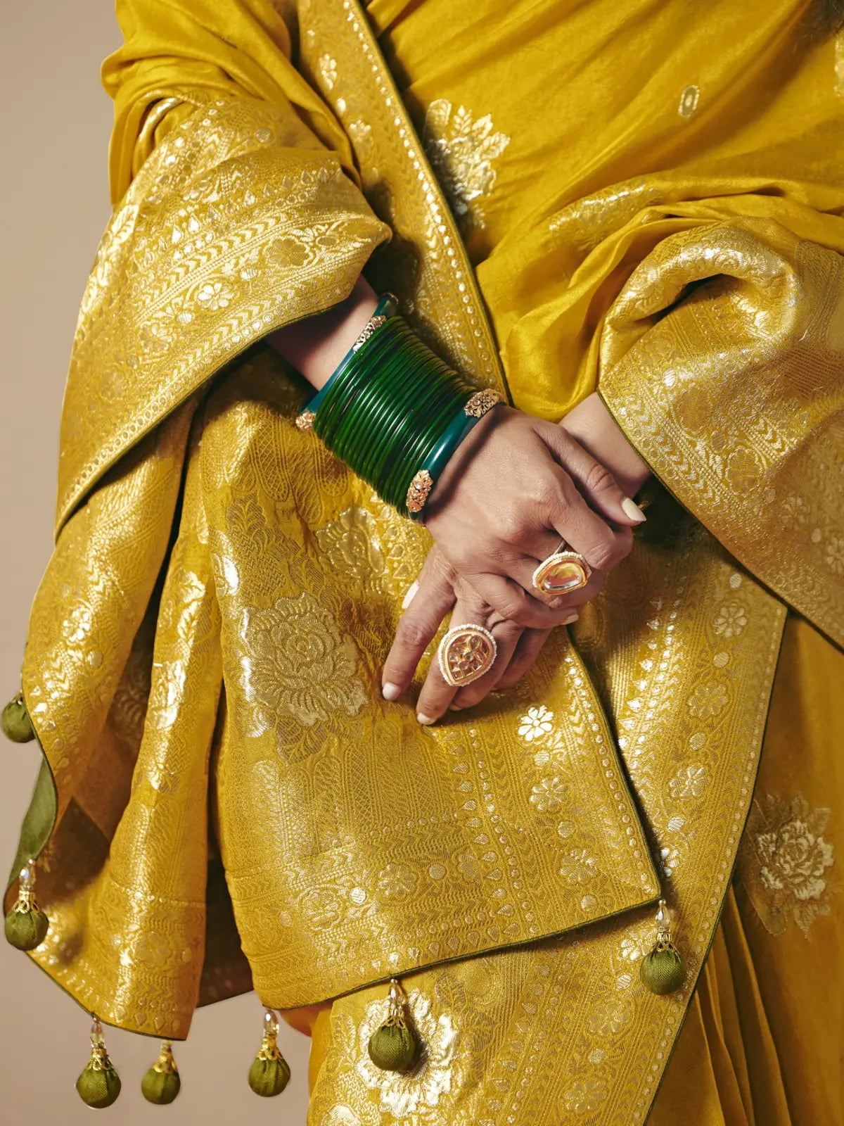Tarani pallu closeup view showing tassels and zari border detailing