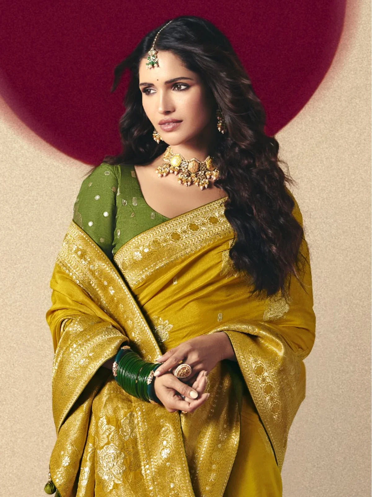 Tarani yellow bemberg viscose saree upper body view showing blouse and jewellery