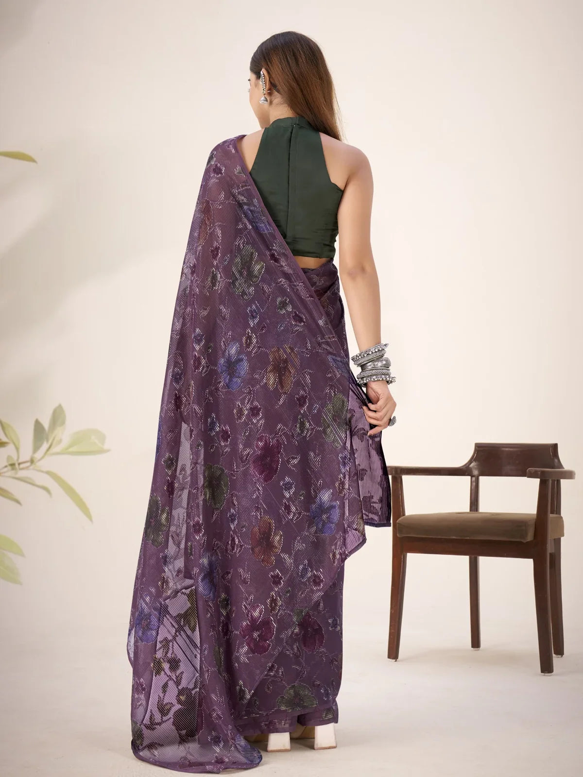 Tarani saree full back view with deep purple floral print and sleeveless back blouse