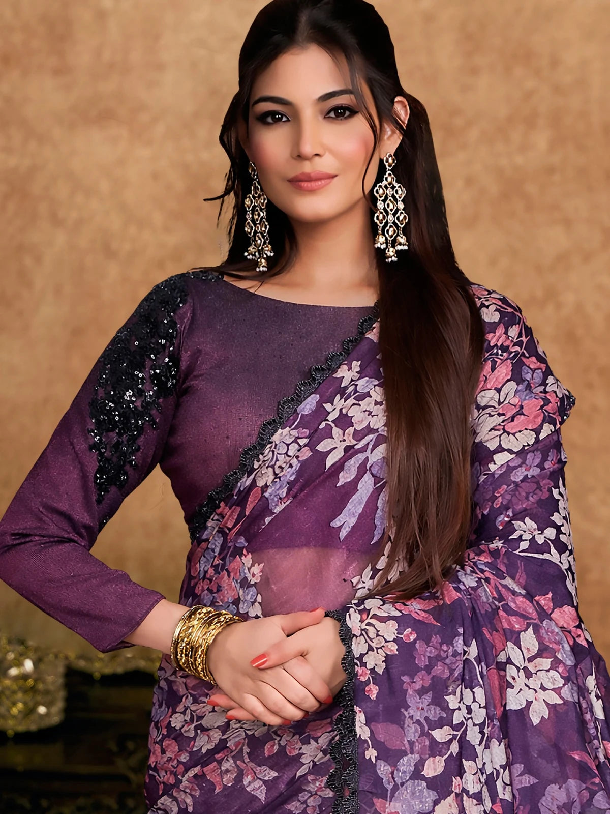 Tarani Navanshi purple Brasso saree upper body view with floral drape and embroidered blouse