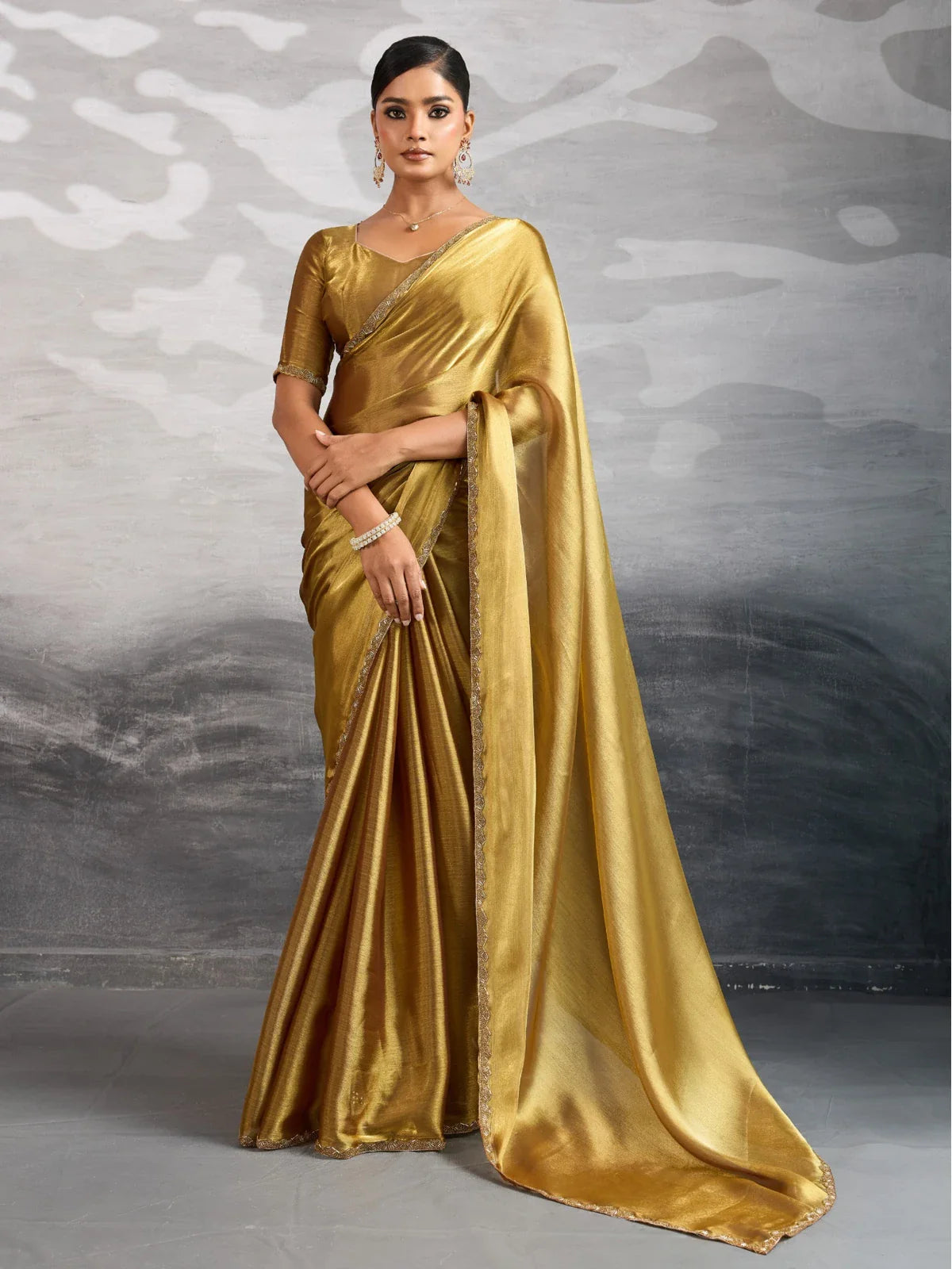 Tarani golden chiffon saree with beads cutdana lace work front full drape view