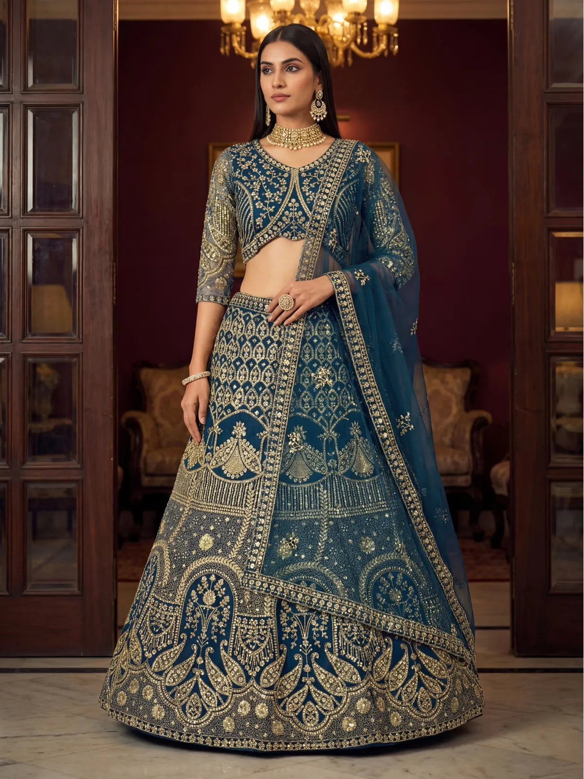 Tarani designer blue butterfly net lehenga with full embroidery and dupatta front view