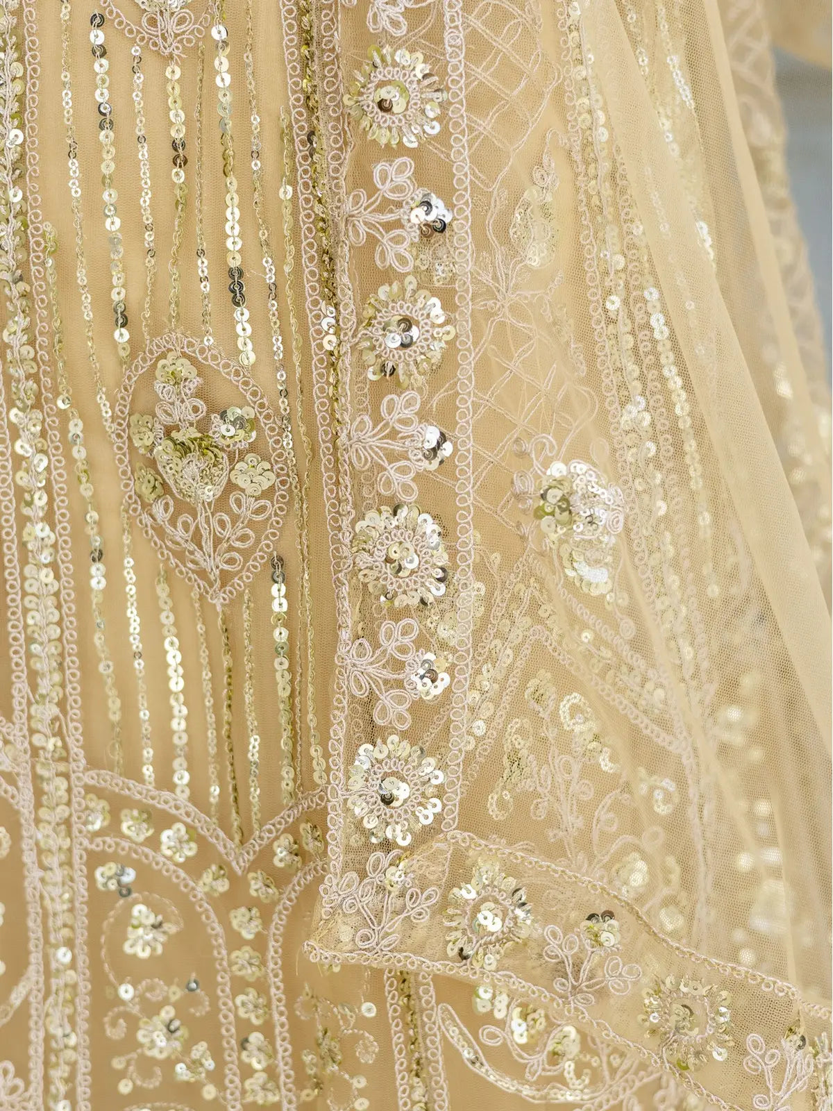 Tarani closeup of butterfly net lehenga with heavy sequin and codding embroidery