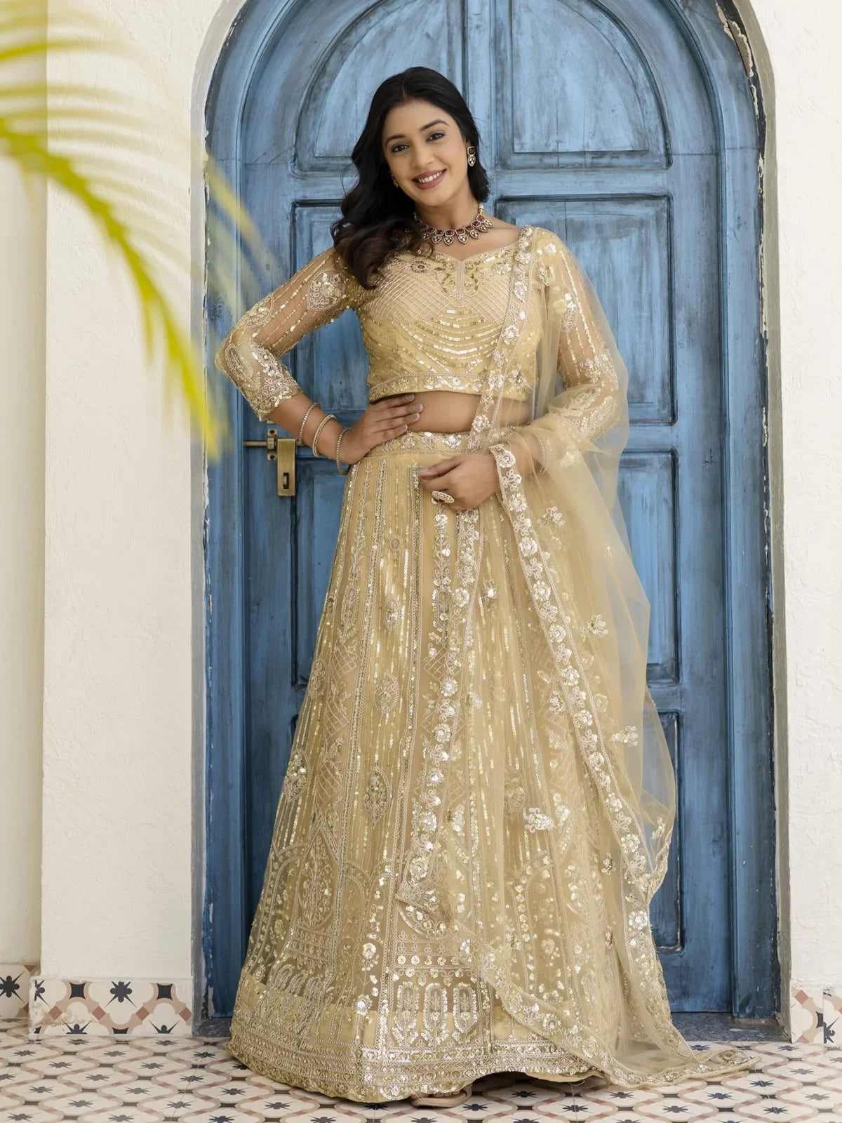 Tarani golden butterfly net lehenga full view with embroidered blouse and dupatta