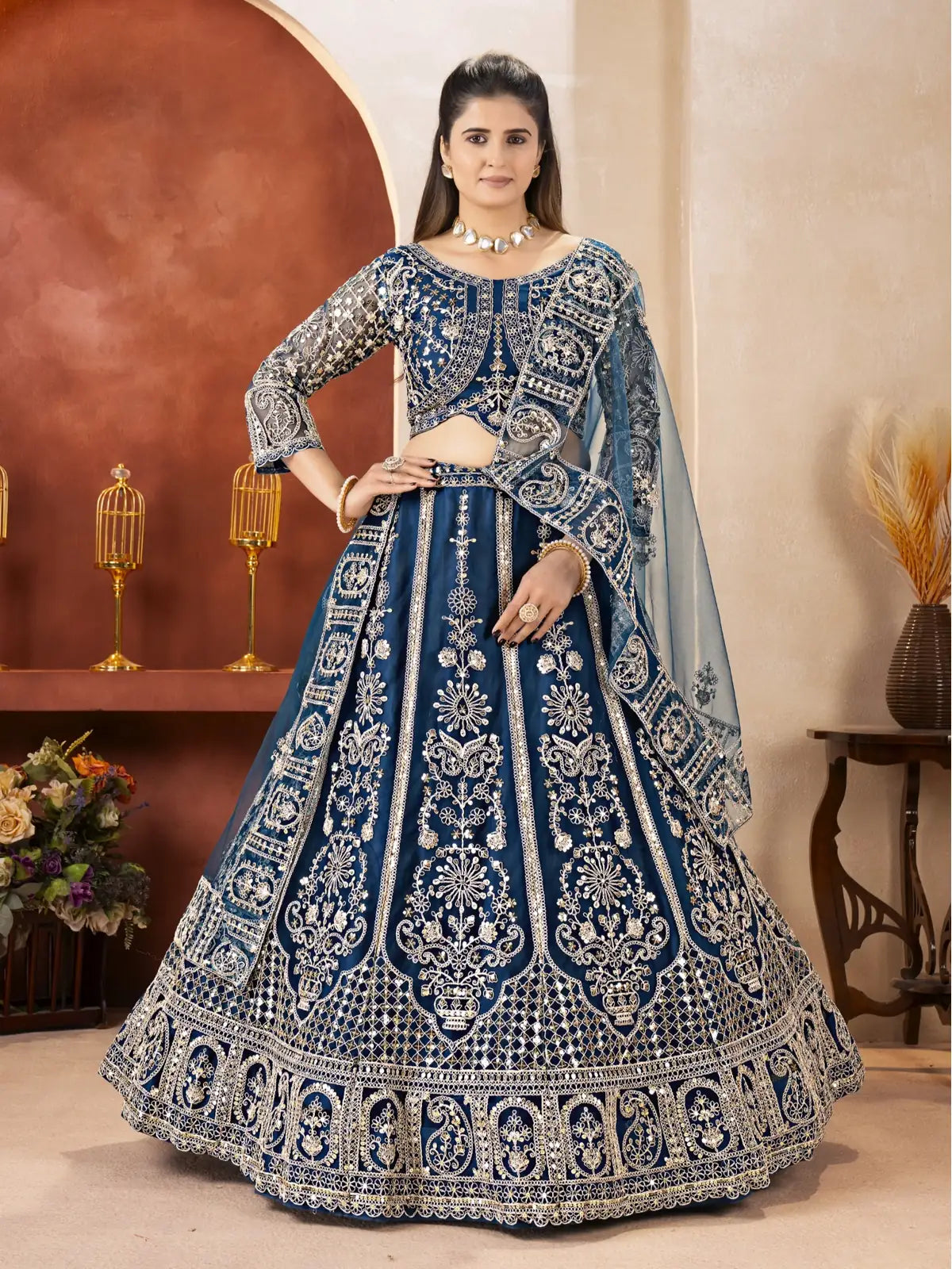 Tarani navy blue butterfly net lehenga with sequins and codding embroidery, full view