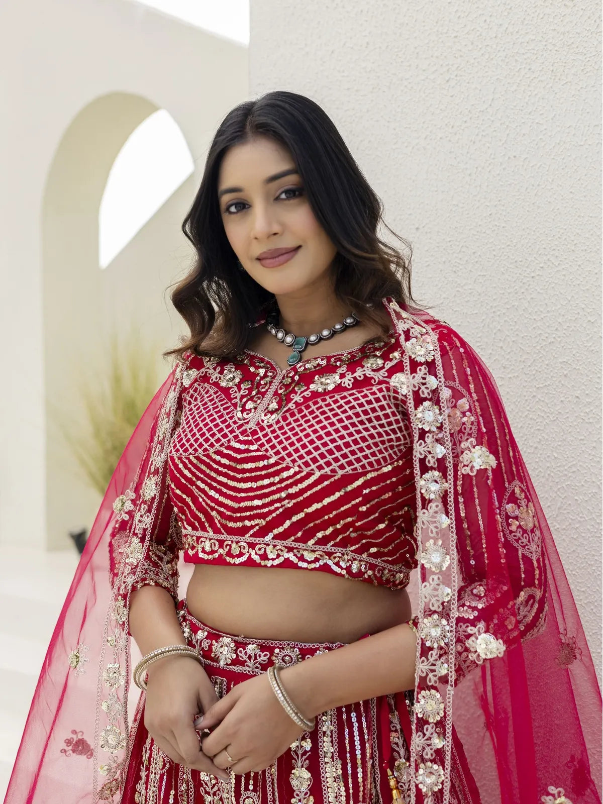 Tarani lehenga blouse in red butterfly net with sequin and codding embroidery - upper body view