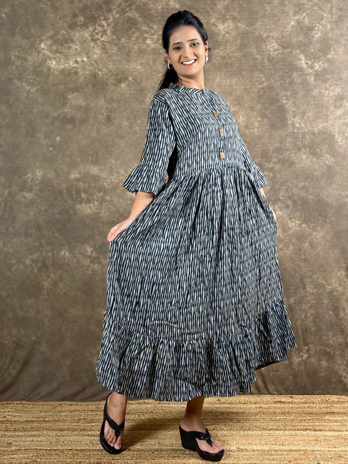 Tarani blue capsule cotton midi dress full view with fit and flare design