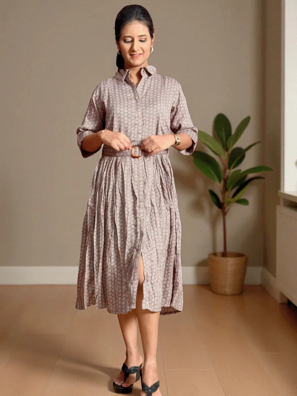 Tarani capsule cotton midi dress front look highlighting natural pleats and fabric texture â€“ front view