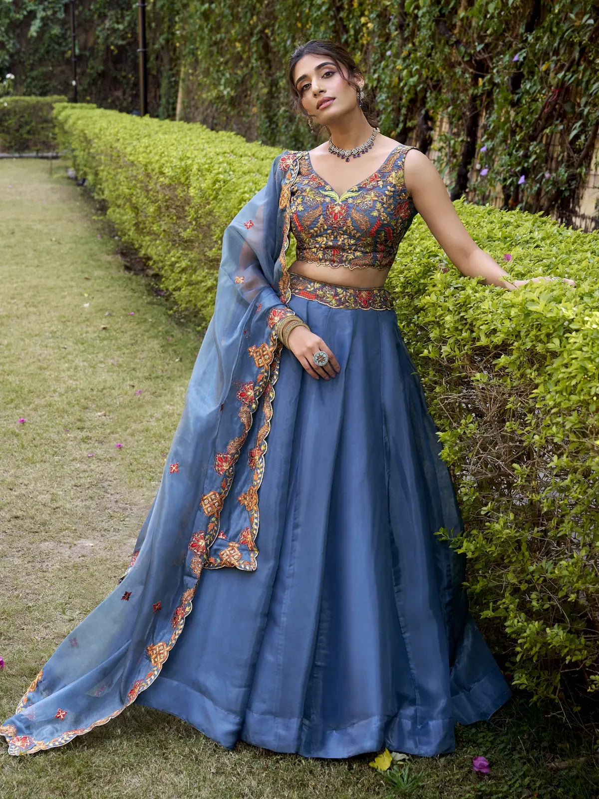 Tarani blue chanda silk lehenga full view with embroidered blouse and dupatta for festive wear