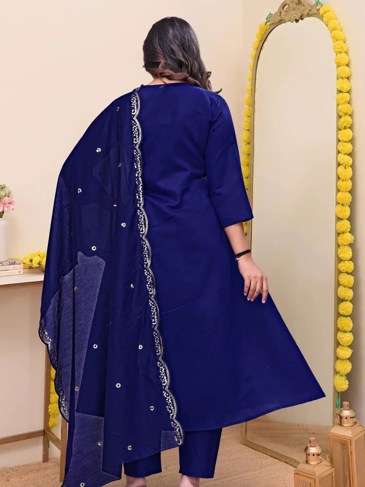 Tarani elegant blue chanderi dress with plain back design and dupatta fall