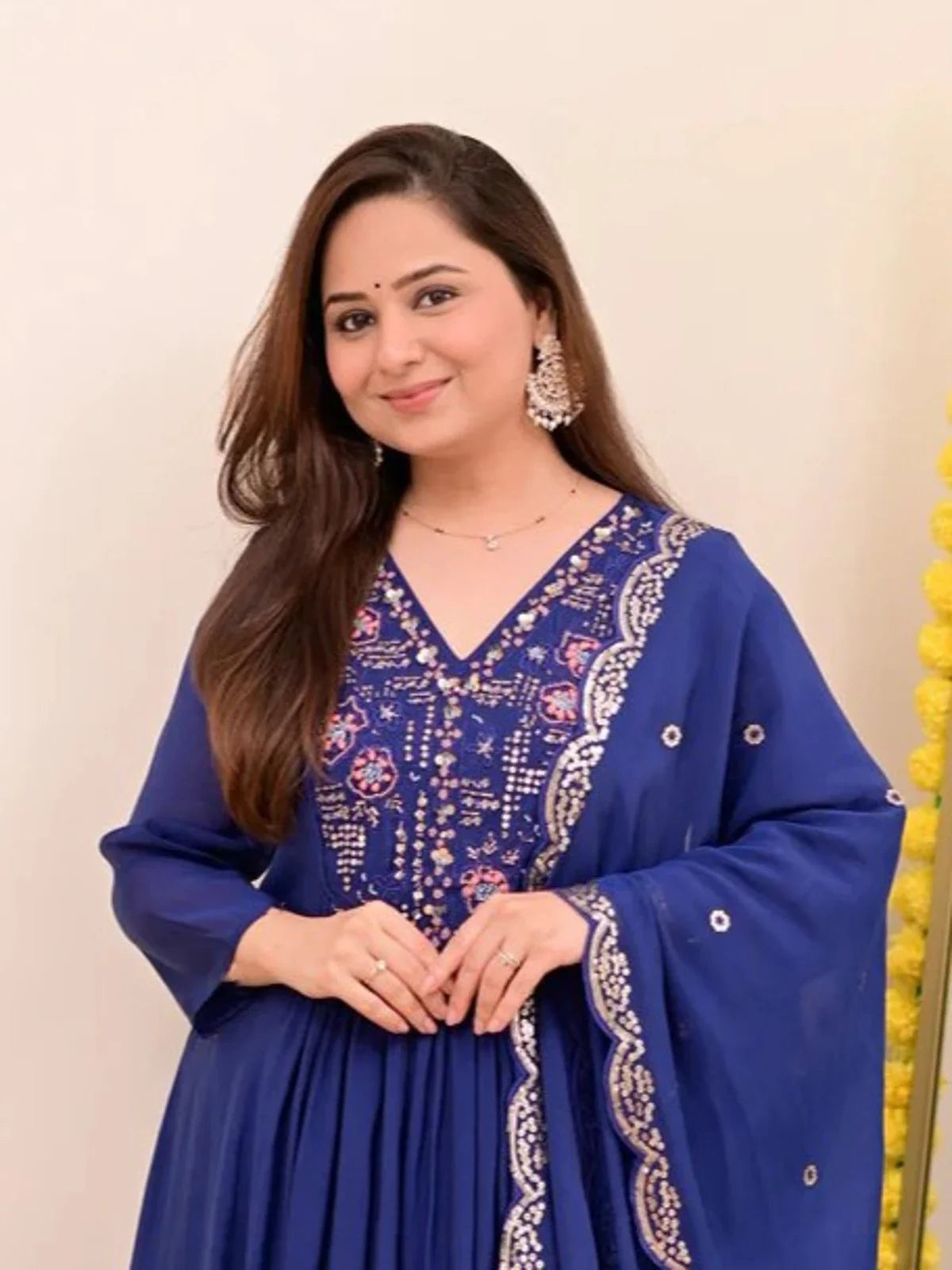 Tarani embroidered chanderi suit in blue showing neckline and sleeves close-up