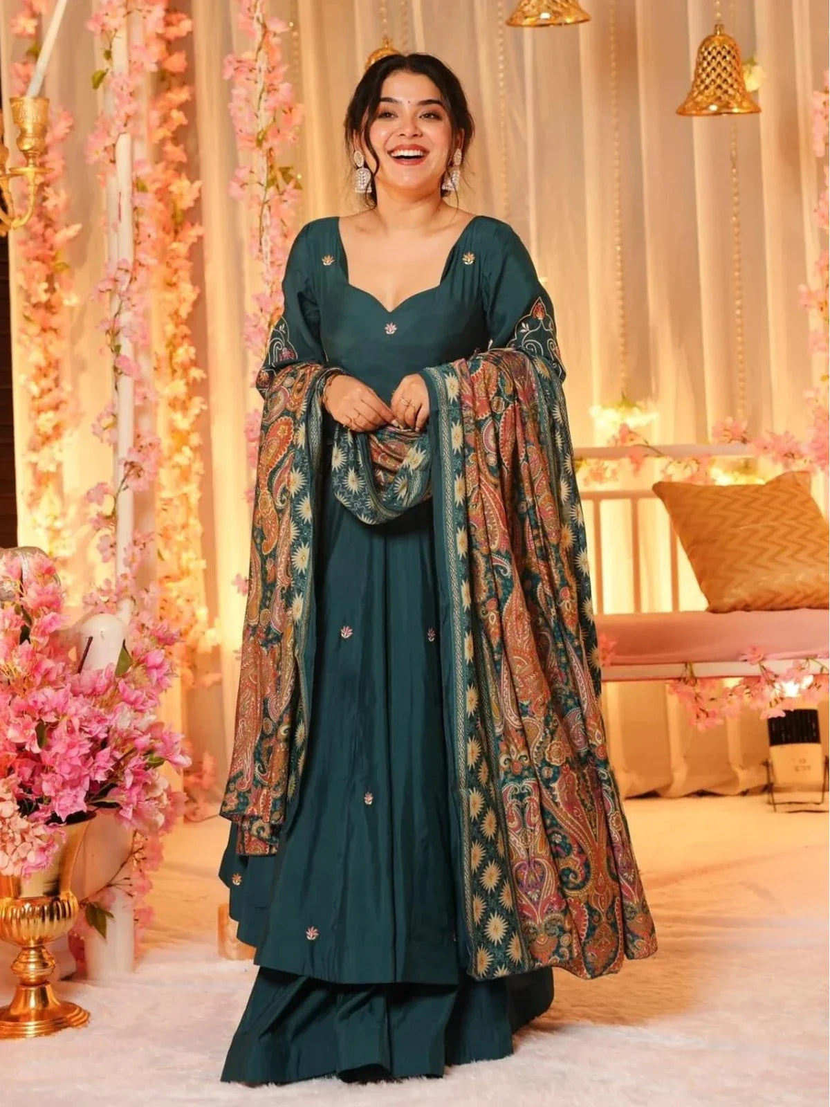 Tarani green chanderi dress with floral embroidery and silk crepe dupatta full view