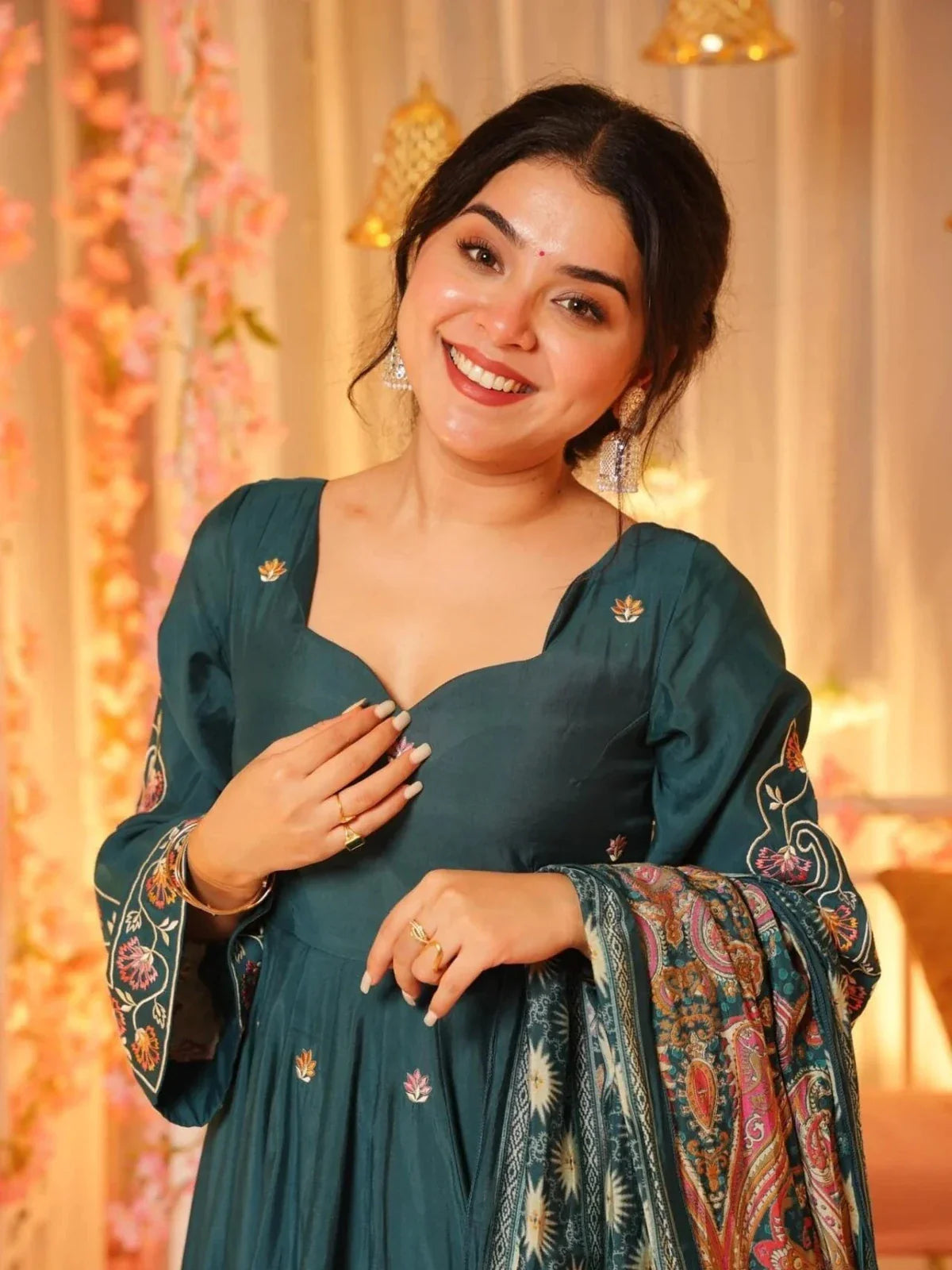 Tarani green chanderi dress upper body view with floral embroidery and sweetheart neckline