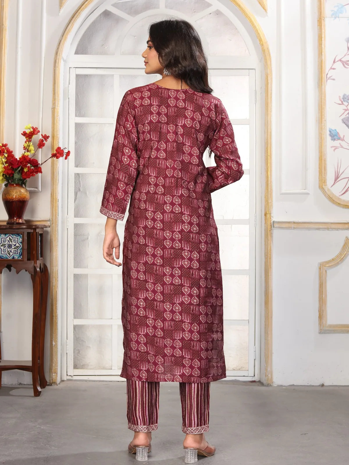 Tarani maroon ethnic Chanderi suit with detailed print and embroidery back pose