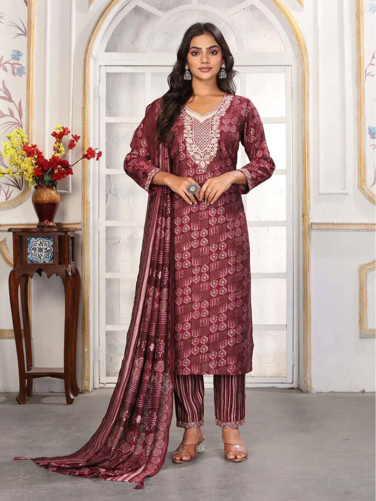 Tarani premium maroon Chanderi dress with sequence embroidery full view front pose