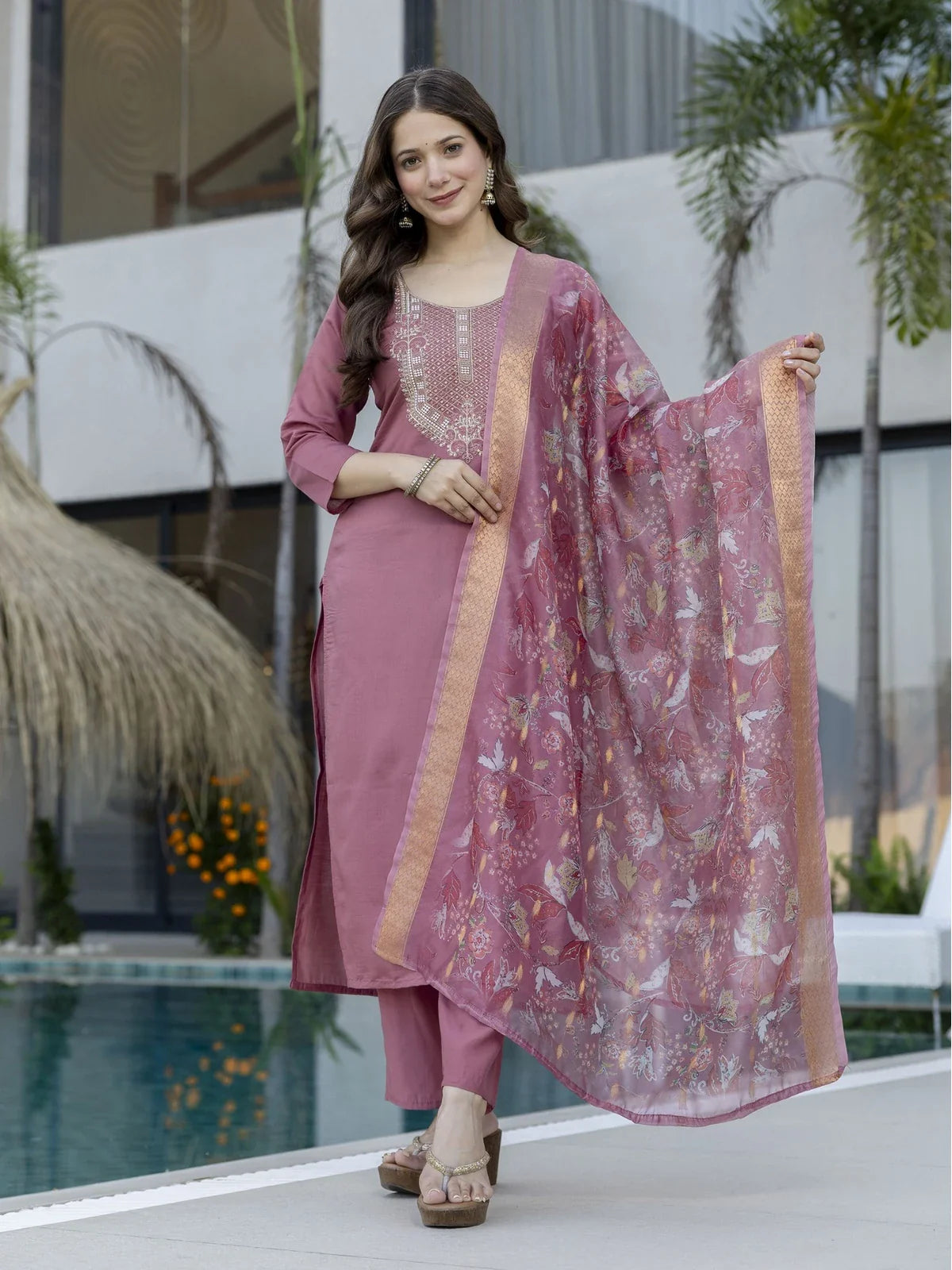 Tarani mauve chanderi dress with embroidery and organza dupatta full front view