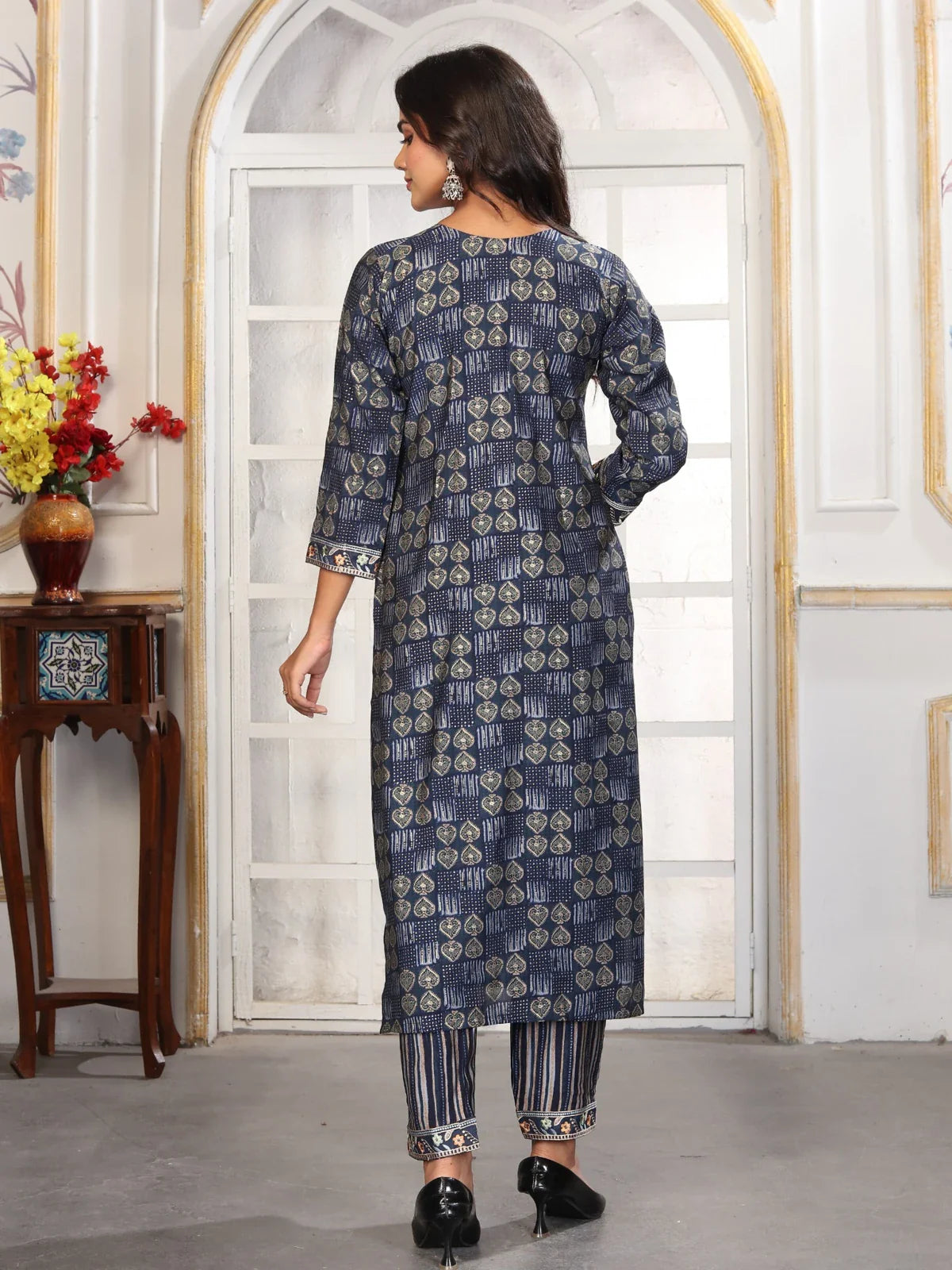 Tarani navy blue Chanderi dress full back view with pant styling