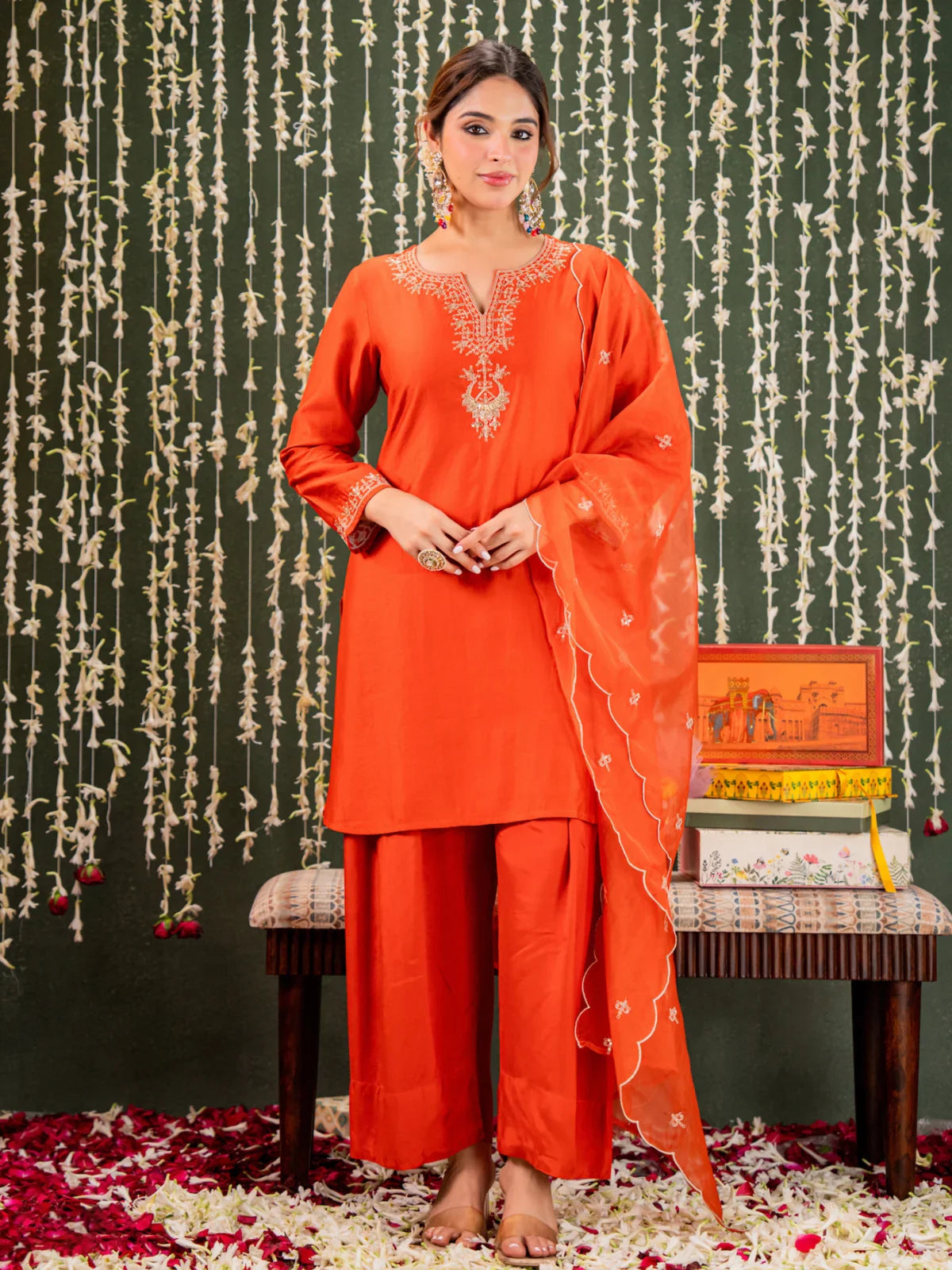 Tarani festive orange chanderi dress with embroidery and organza dupatta front full view
