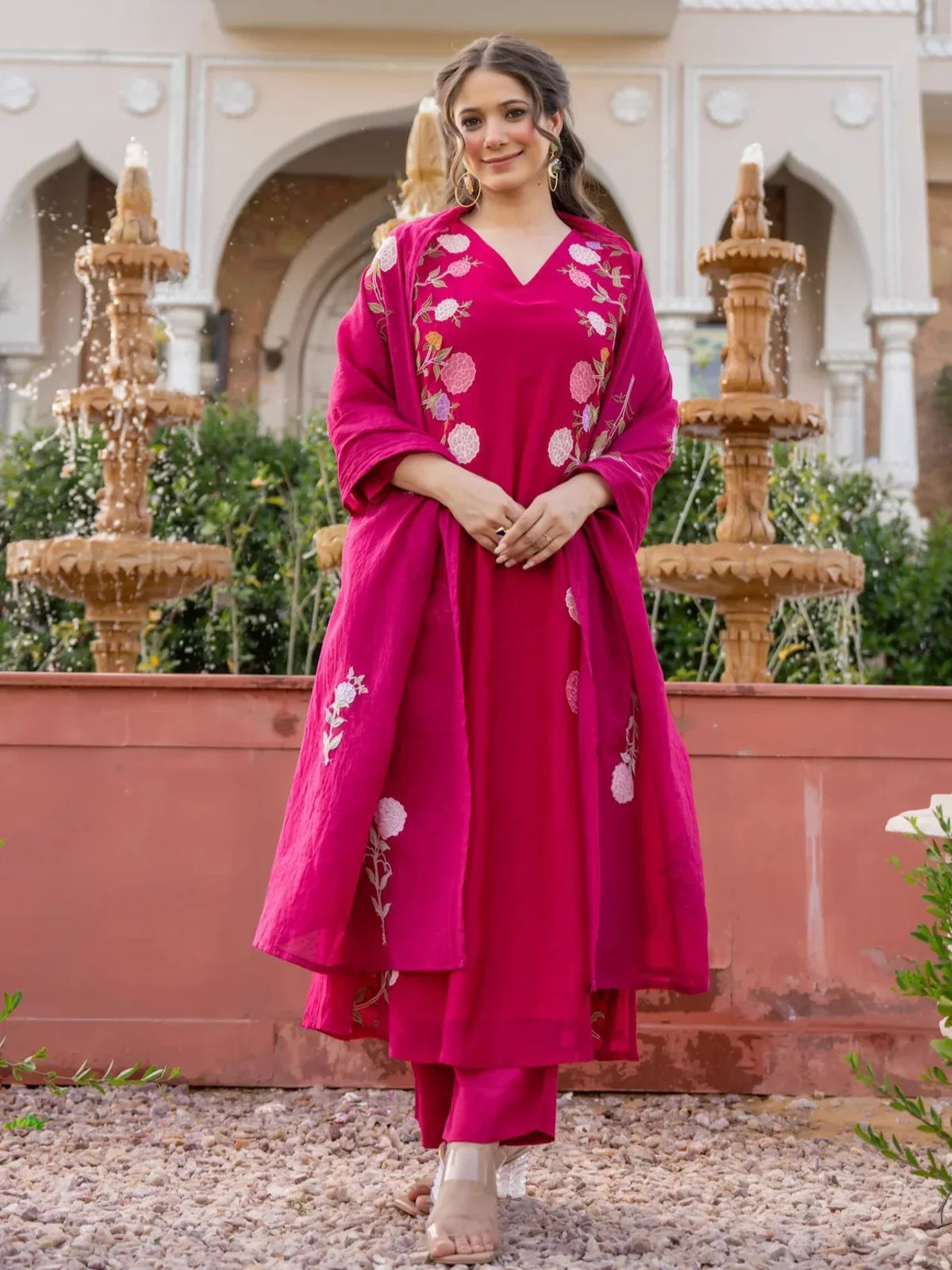 Tarani chanderi pink embroidered dress full front view with dupatta