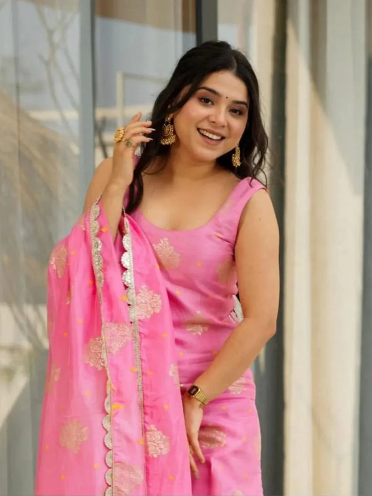 Tarani upper body pink chanderi dress with sleeveless design and festive embroidery