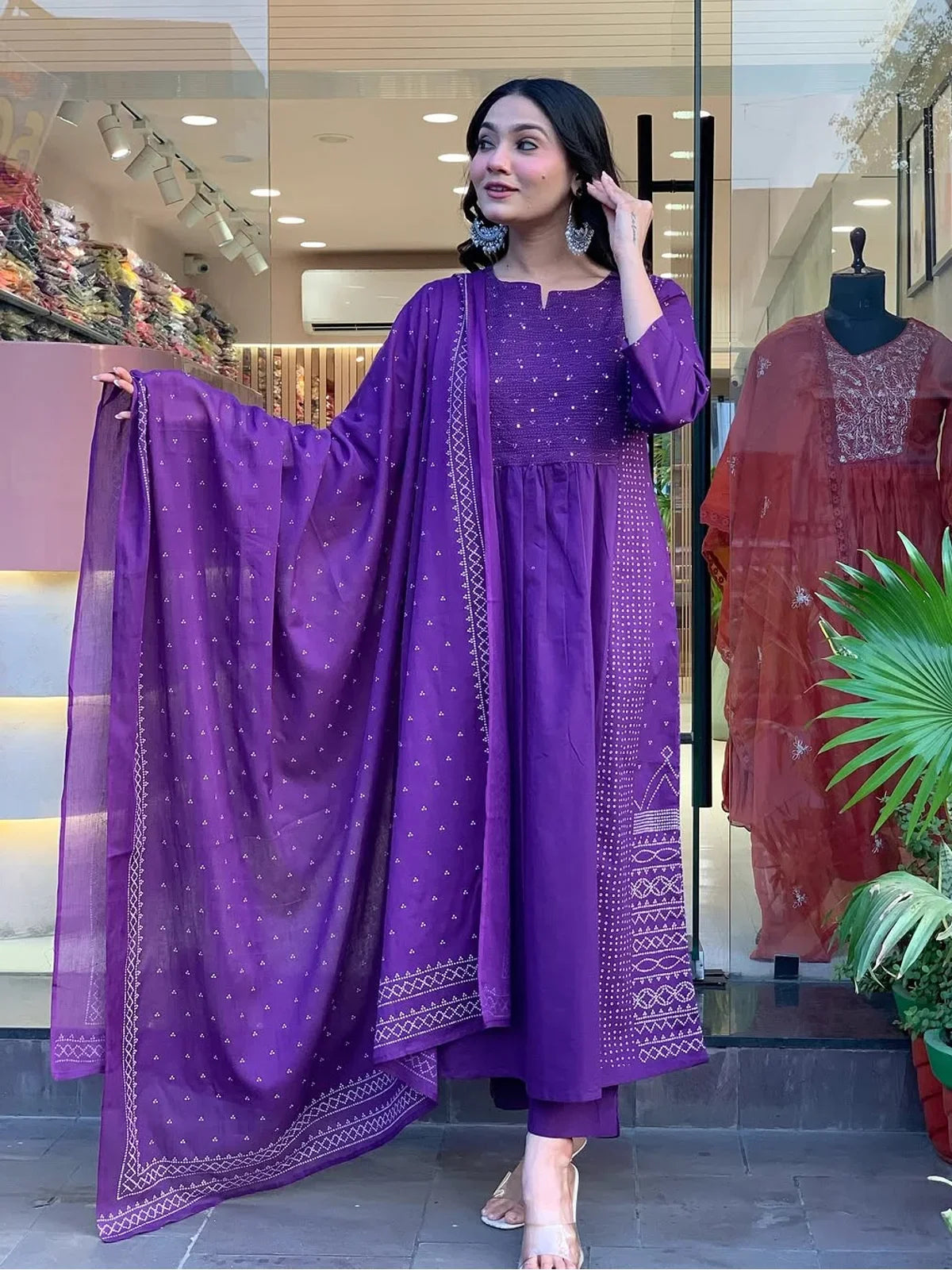 Tarani purple Chanderi festive dress front view showcasing full dupatta and kurti design