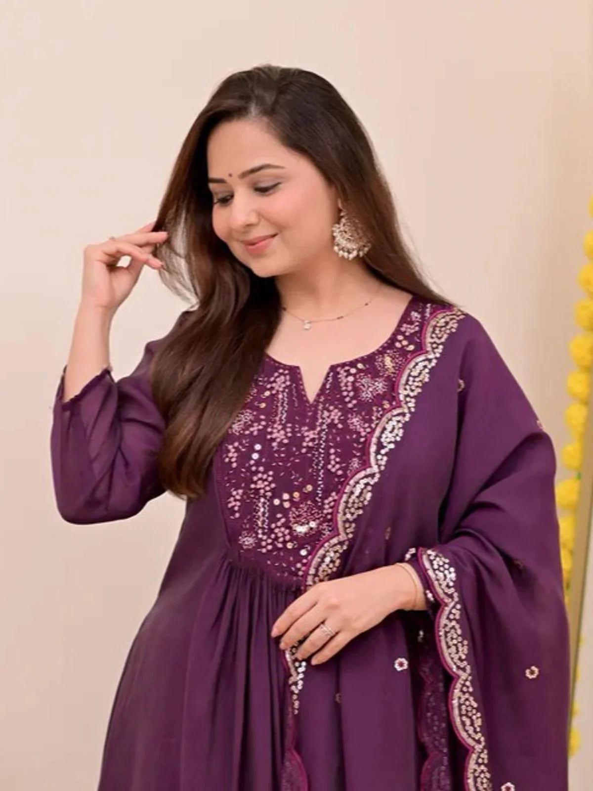 Tarani embroidered purple chanderi silk kurti upper body close-up for festive wear