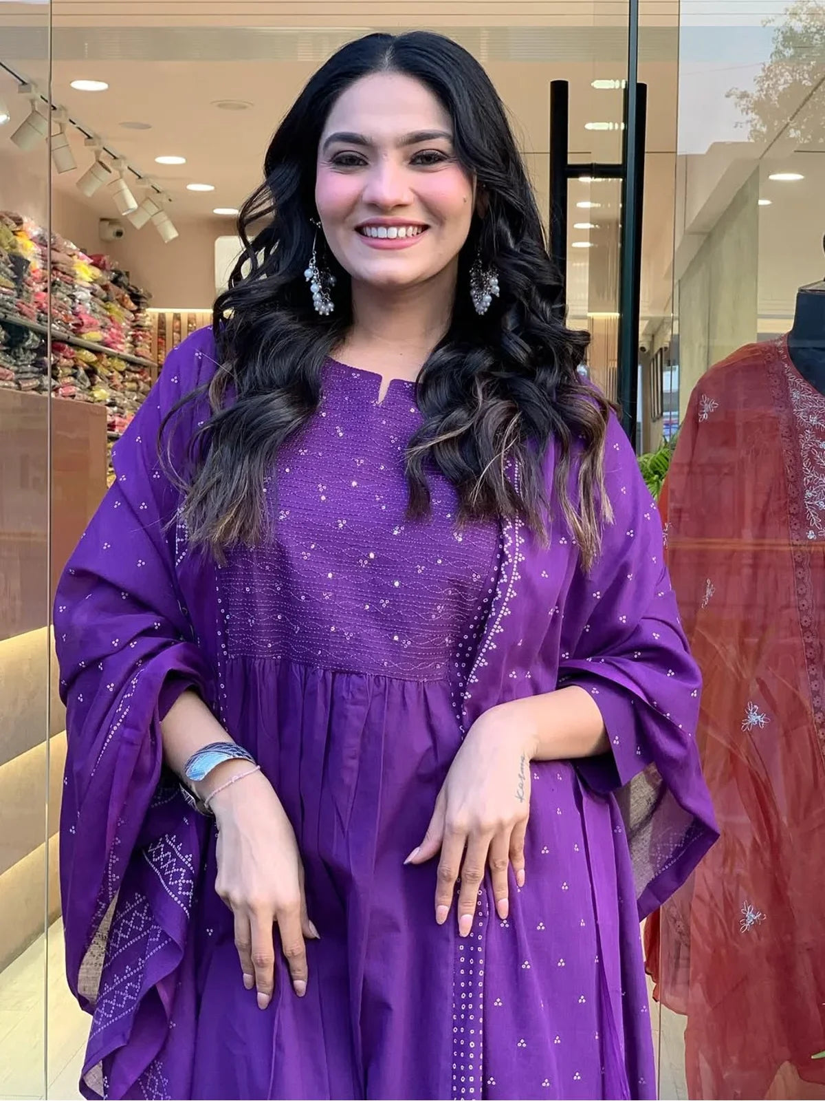 Tarani Chanderi purple festive dress upper body view with embroidery details