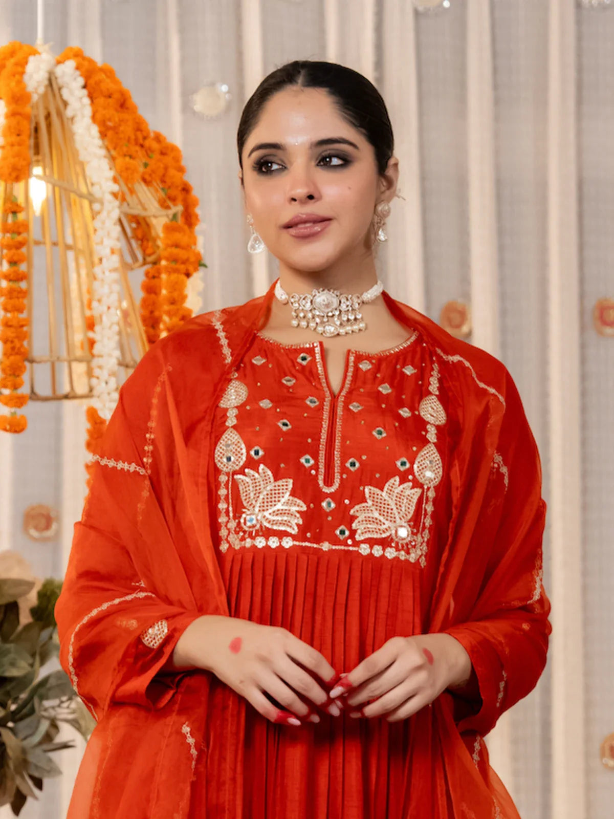 Tarani red chanderi silk festive dress upper-body close-up with embroidered detailing