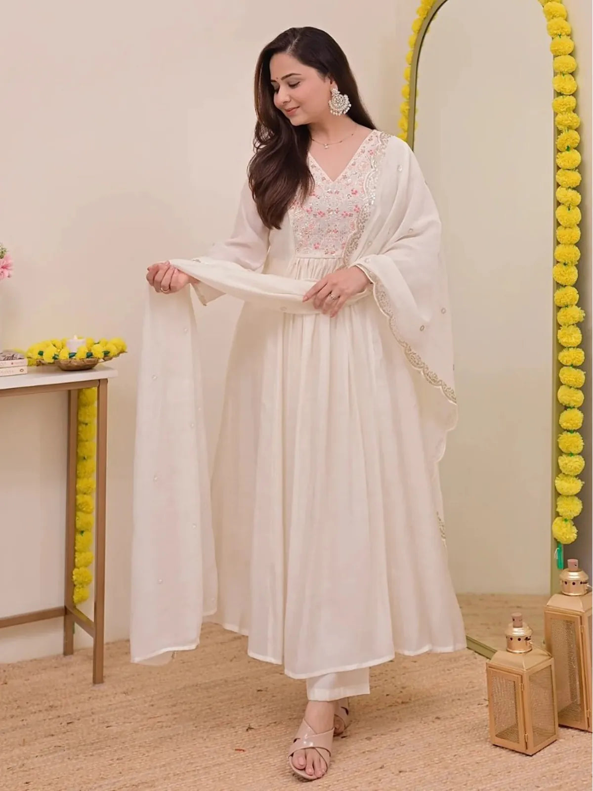 Tarani full length off white chanderi kurti dress with pant and dupatta