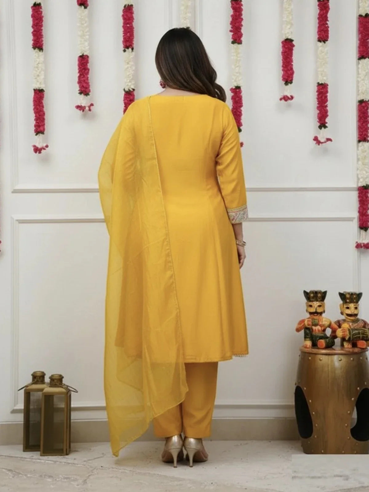 Tarani traditional yellow chanderi dress back side with dupatta and pant