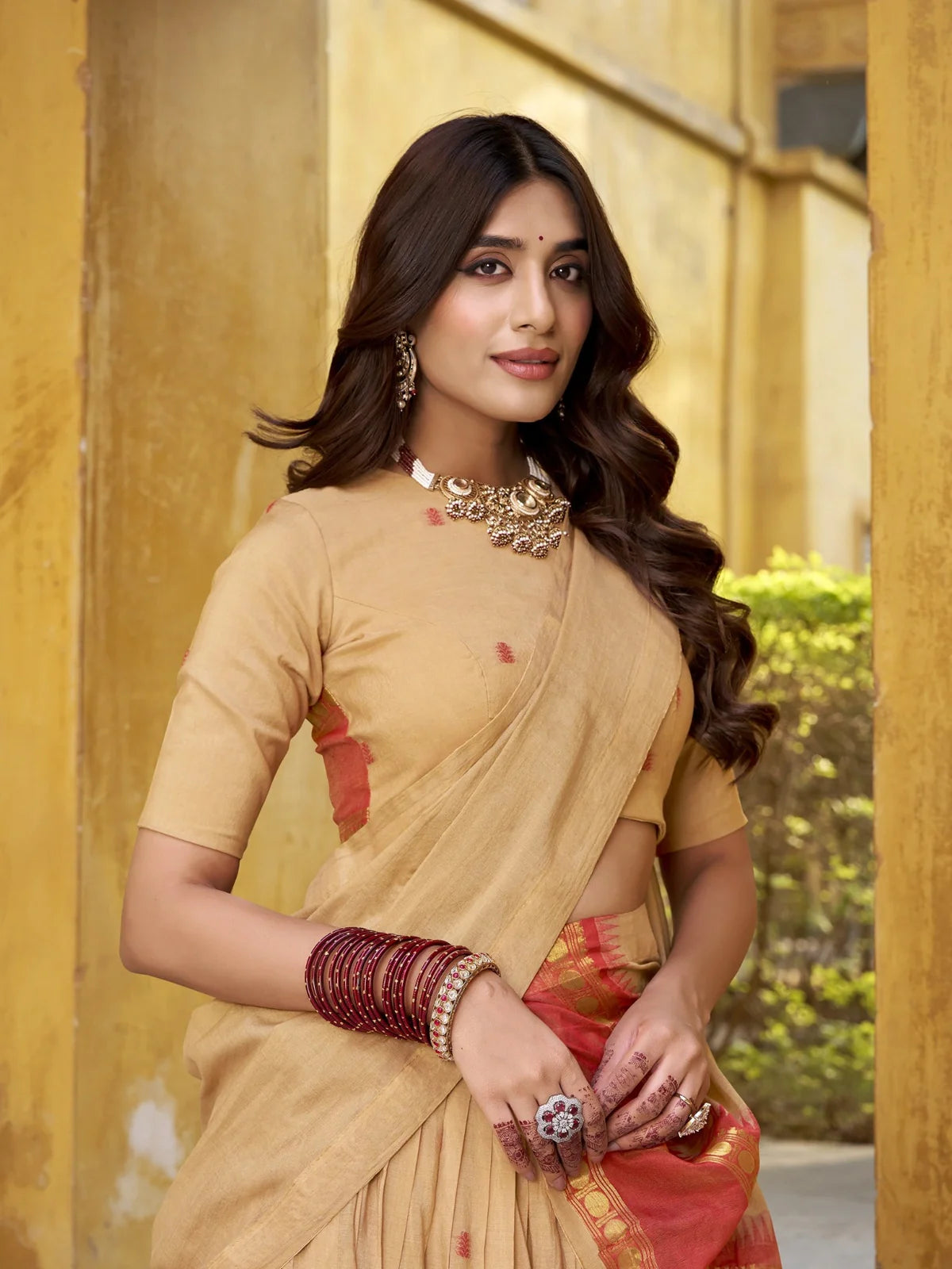 Tarani festive chanderi lehenga close-up showing blouse and dupatta styling in beige and red