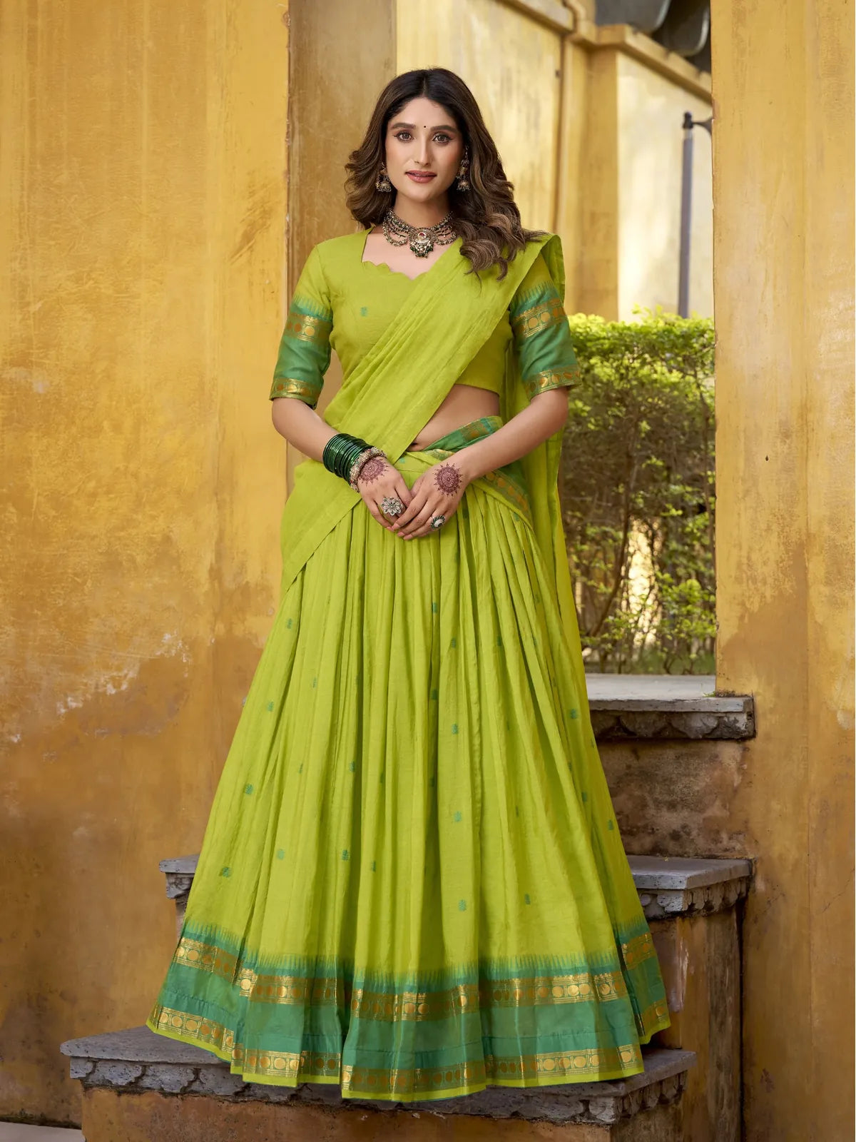 Tarani premium green pure chanderi lehenga set with zari weaving work captured in full front view
