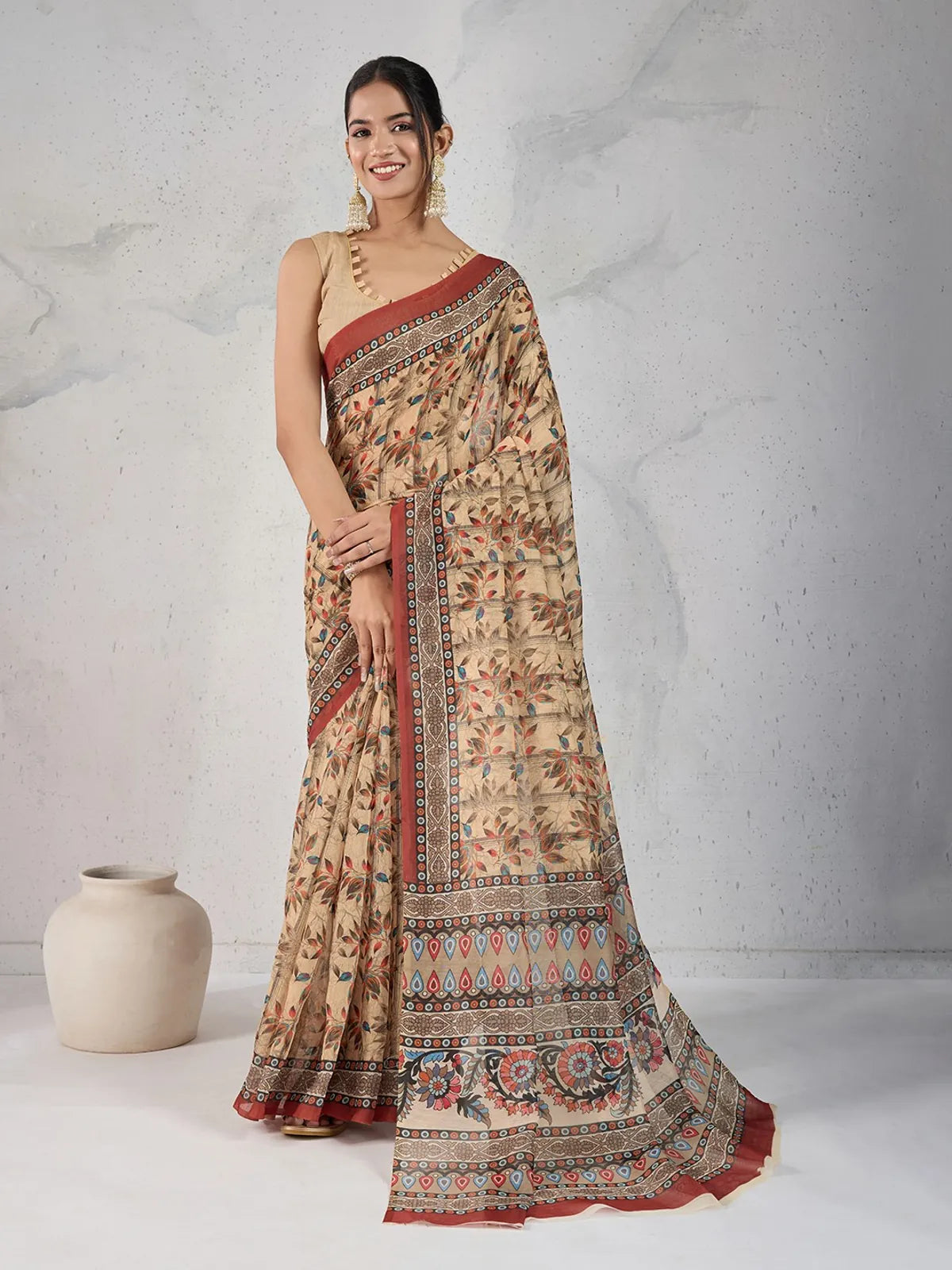 Tarani Chanderi digital print beige saree with traditional floral and temple-inspired border, full view
