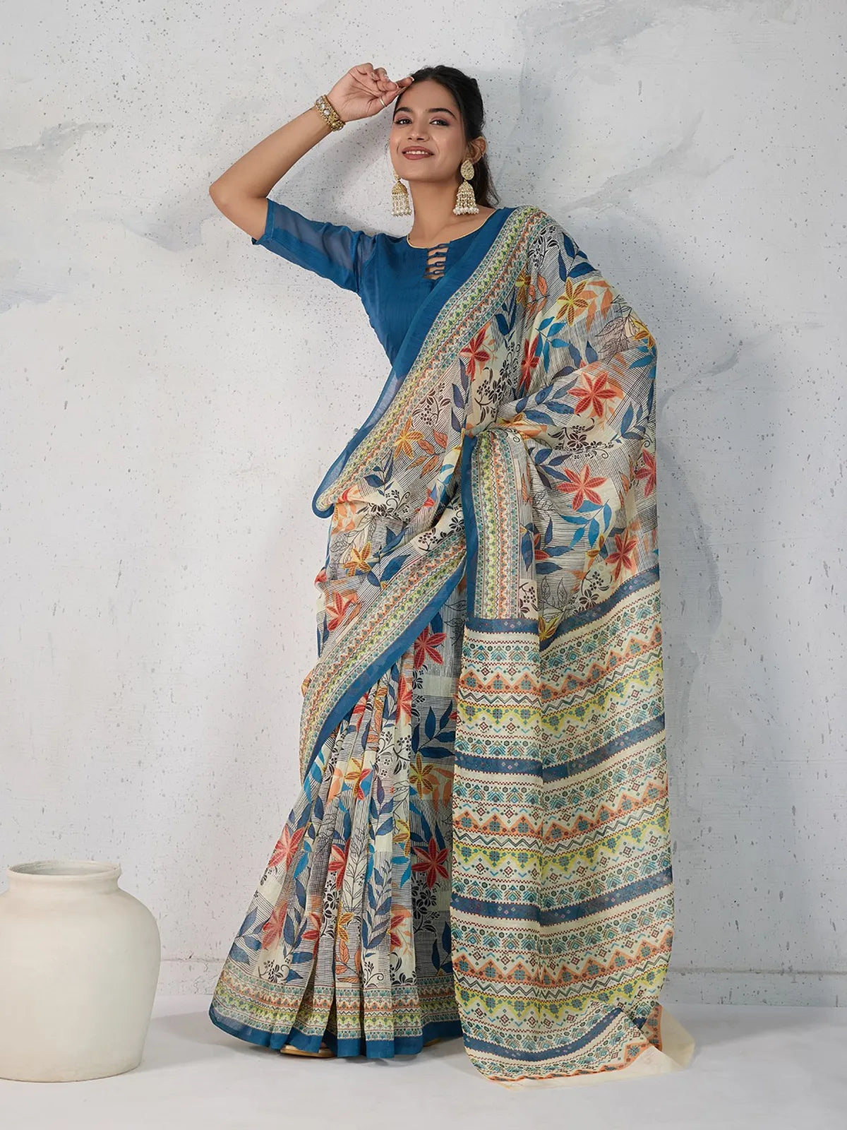 Tarani cream chanderi saree full view with digital floral and tribal multicolor print and blue blouse