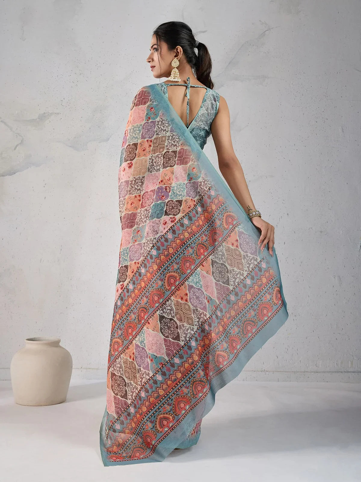 Tarani chanderi saree back view with modern blouse tie-up and flowing digital print pallu