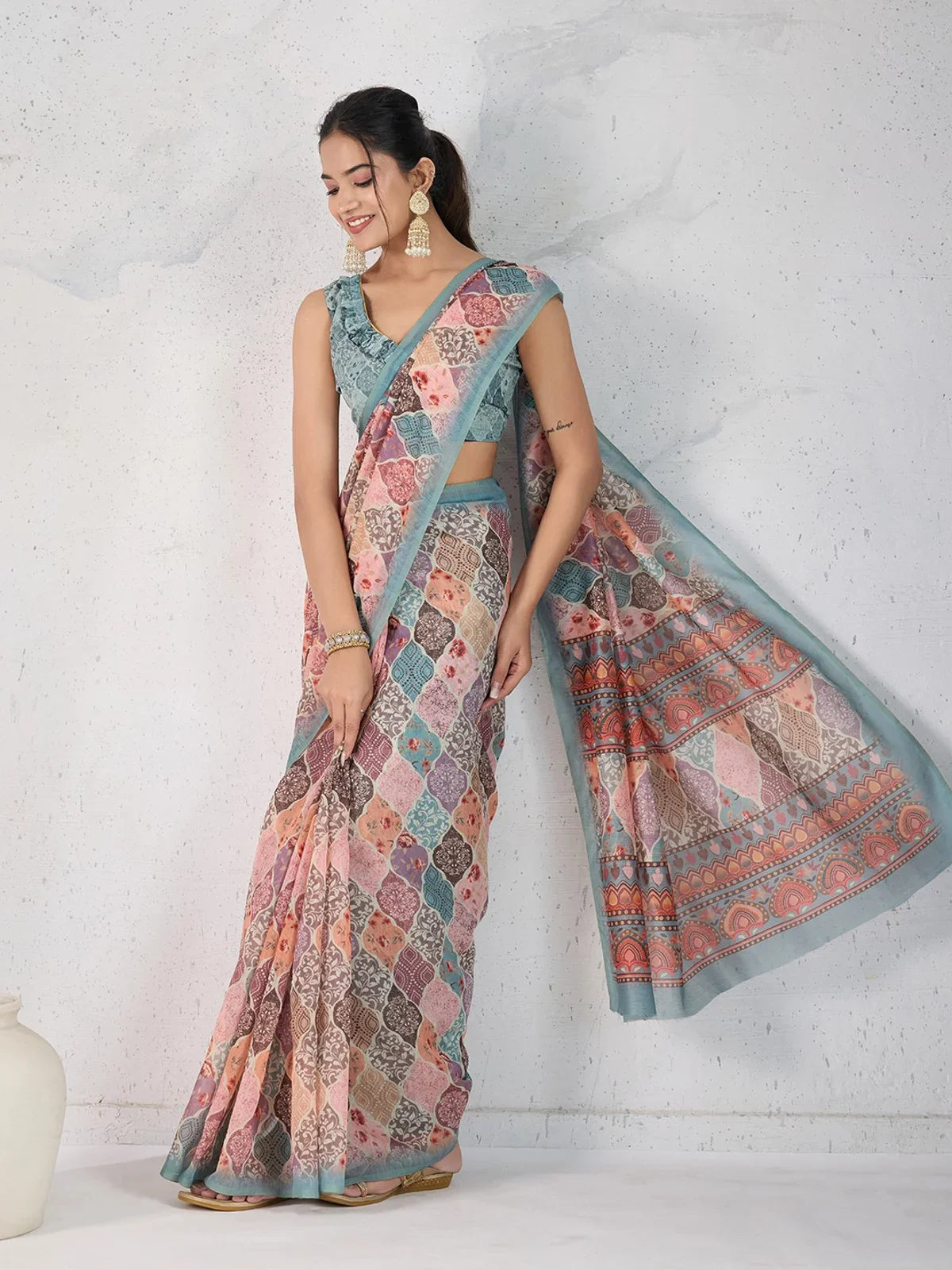 Tarani chanderi saree in multicolor tones with digital print and soft drape full front view