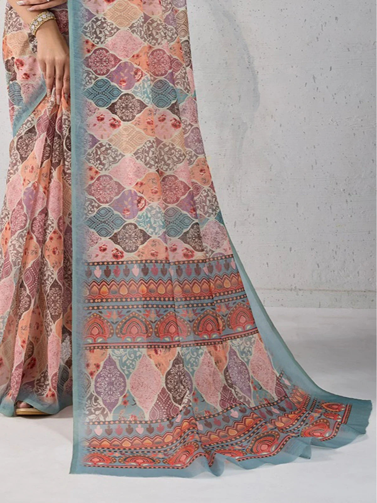 Tarani multicolor chanderi saree with intricate border and pallu design in digital print