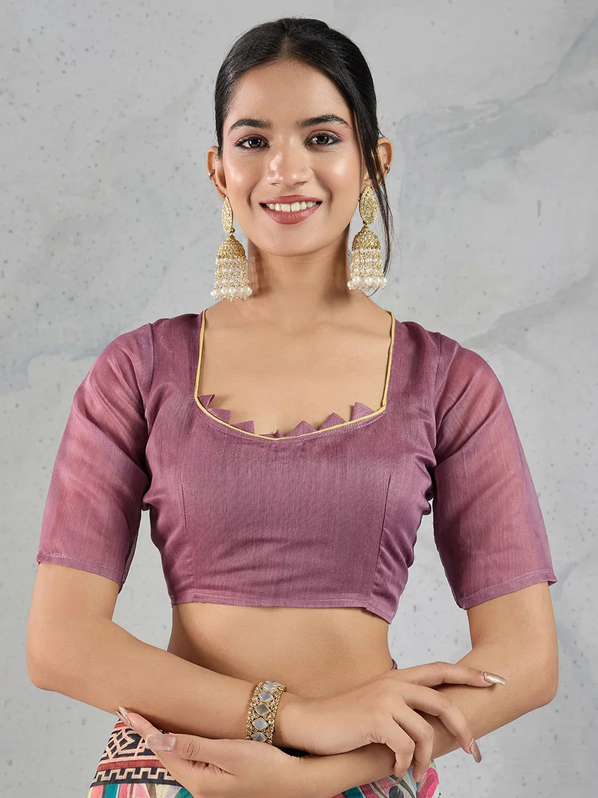 Tarani Chanderi digital print saree styled with plum blouse showing upper-body pose