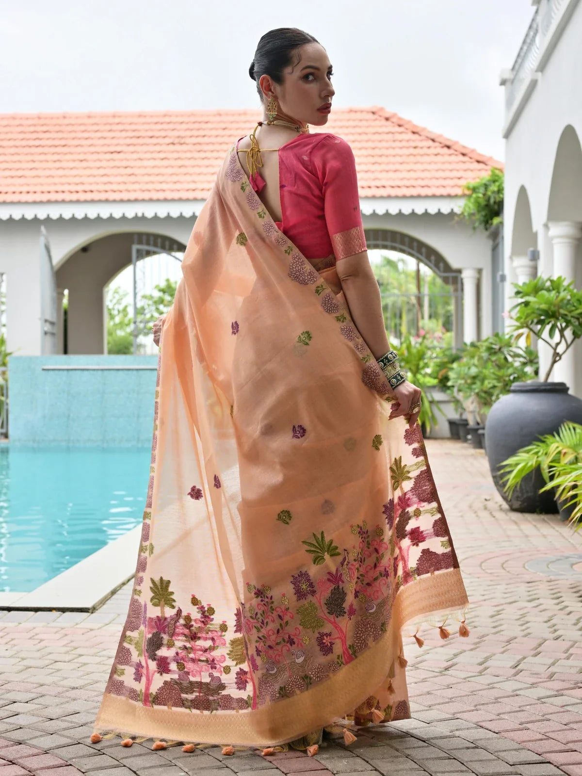 Tarani kankana Peach Chanderi saree drape detail view for festive party and wedding wear