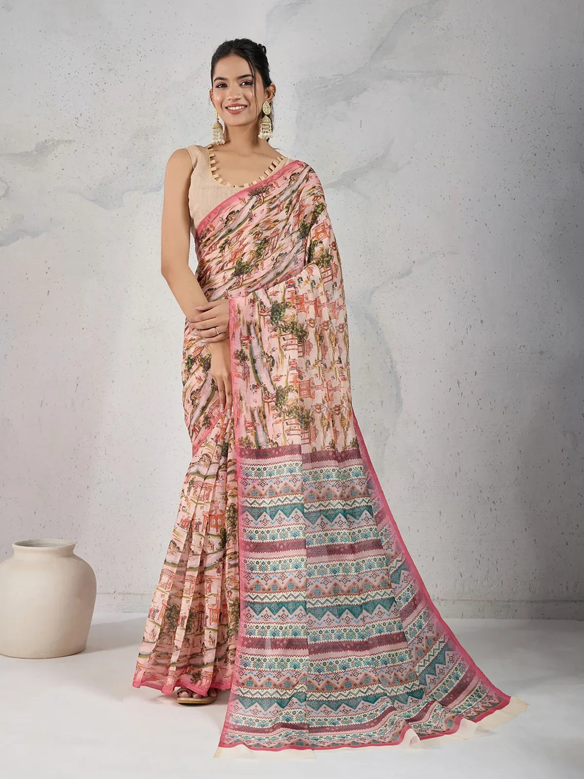 Tarani light pink chanderi digital print saree with modern motifs and ethnic border in full view