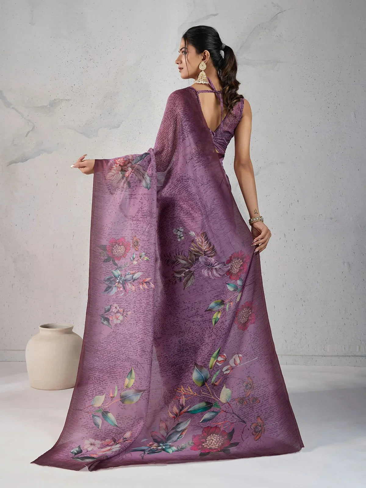 Tarani purple chanderi saree back view with modern halter blouse and vibrant digital prints on pallu